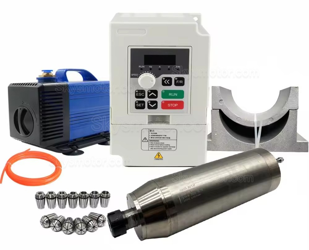 5.5KW 220V/380V 水冷式スピンドルモーターキット JGD-125-ER32 + H100-5.5 可変周波数ドライブ + ウォーターポンプ + ER32コレット13個 + ブラケット